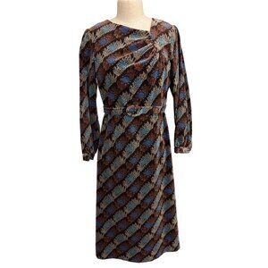 Vintage 1970s Brown Floral Velvet Belted Dress With Ruched Neckline and Long Sle